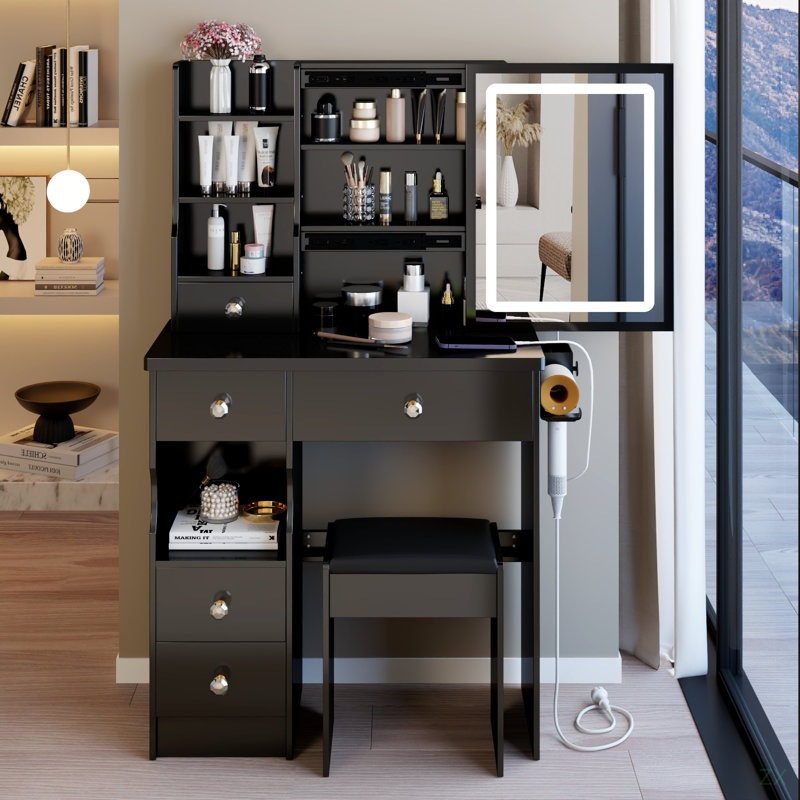 Petit meuble-lavabo 29,2 "avec tiroir de gauche + tabouret rembourré, 2 AC + 2 USB Power Station, Noir