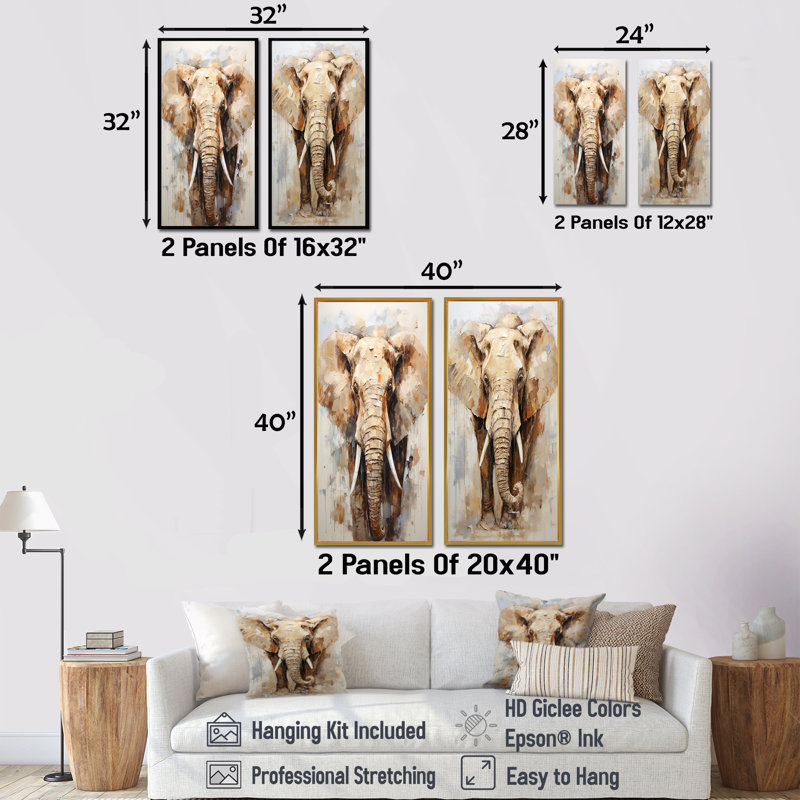«Tusked Elephant Portrait», ensemble de 2 reproductions d'art mural éléphant, Encadrement doré, H 40 po x l 41 po