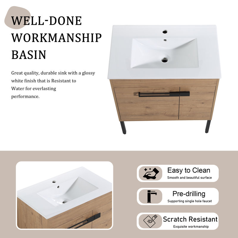 Coll 30.47'' Single Bathroom Vanity with Ceramic Top, Oak