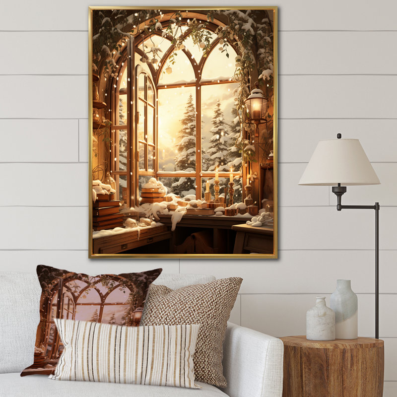 «Christmas Winter Window View I - Winter Landscape», impressions sur toile, Cadre flottant doré, H 44 po x l 34 po x P 1,5 po
