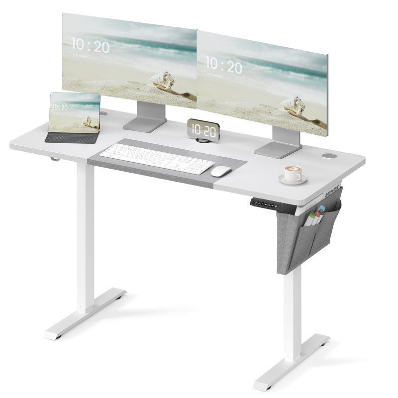 Hadrien Adjustable Metal Base Standing Desk with Power Outlet, 120cm H x 140cm W x 60cm D, White/Gray/White