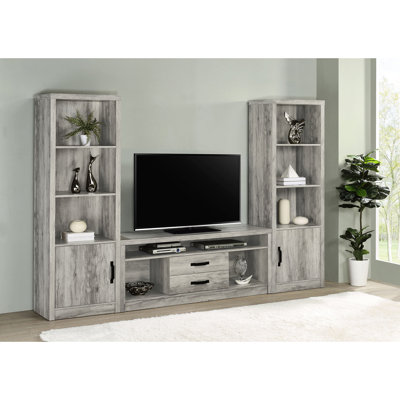 Meuble télé à 2 tiroirs en bois d'ingénierie avec finition en bois flotté gris, double rangement pour espace de rangement, design inspiré vieilli, utilisation durable, polyvalent 59 po de profondeur