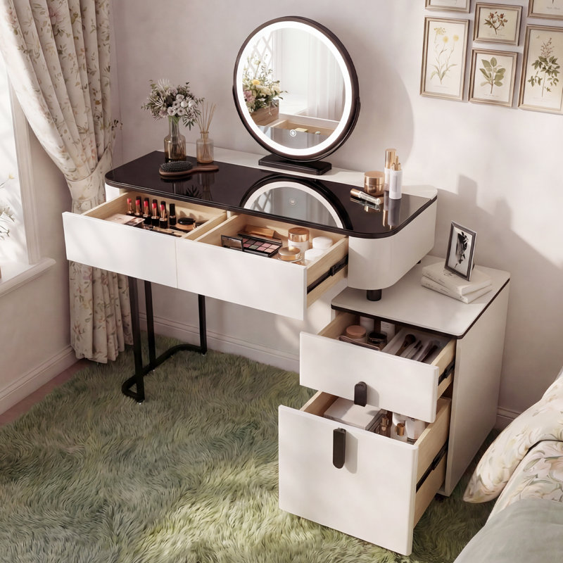 Vanity Desk With Led Lighted Mirror, Makeup Table with 4 Drawers, Dresser Table for Bedroom, White and Black