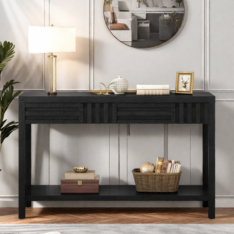 Modern Console Table With Striped Design, 2 Drawers And 2-tier Design, Black
