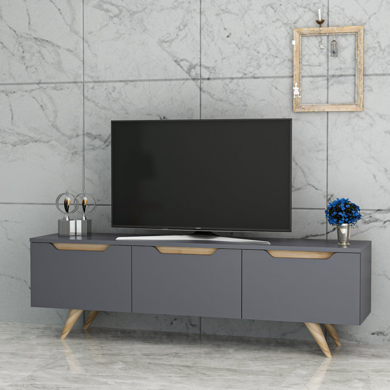 Meuble télé scandinave moderne, anthracite et chêne, de 59,1 po x 17,3 po x 13,8 po | 100% panneau de particules enduit de mélamine, épaisseur: 0,7 pouce | Nombreuses tablettes, conception murale, élégante et fonctionnelle pour tout salon