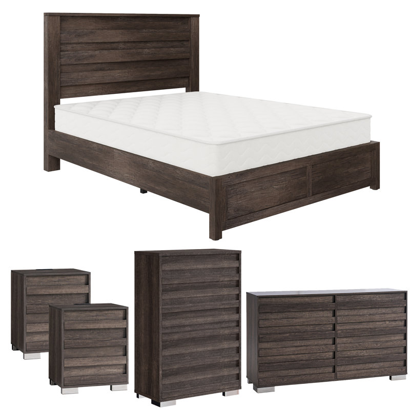  Ensemble de chambre à coucher avec lit double 5 pièces Louby, gris, gris, Double