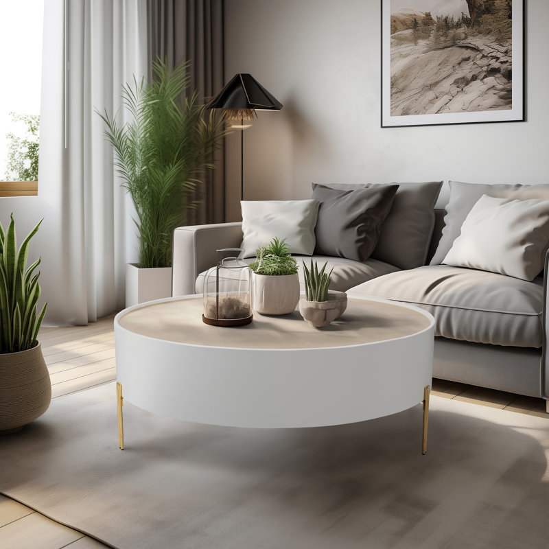 Table d'appoint en bois et verre avec design moderne et glamour rond, Blanc, H 21 po x L 24 po x l 24 po