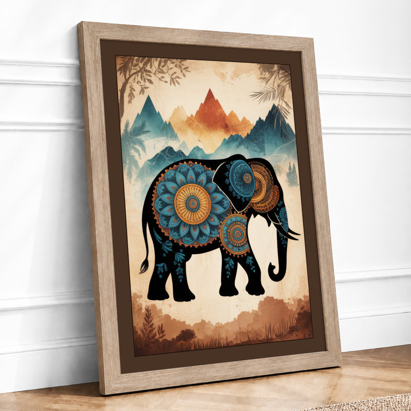 Mechanical Elephant with Mountains Steampunk 1 Piece Single Picture Frame Wall Art, A2 - 59.4 x 42.0 cm, Oak