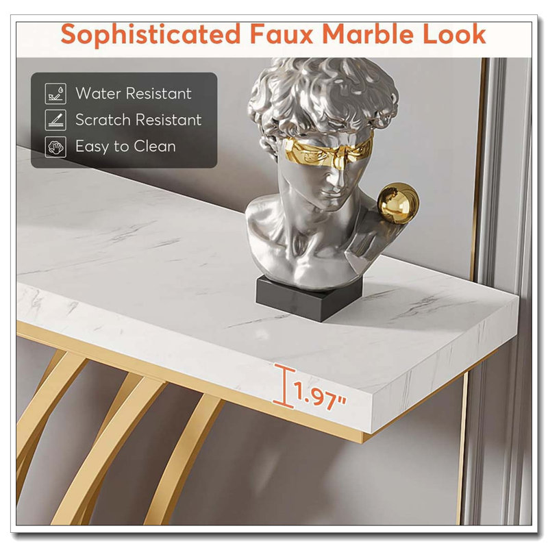 Modern Faux Marble Console Table with Gold Grid Metal Base