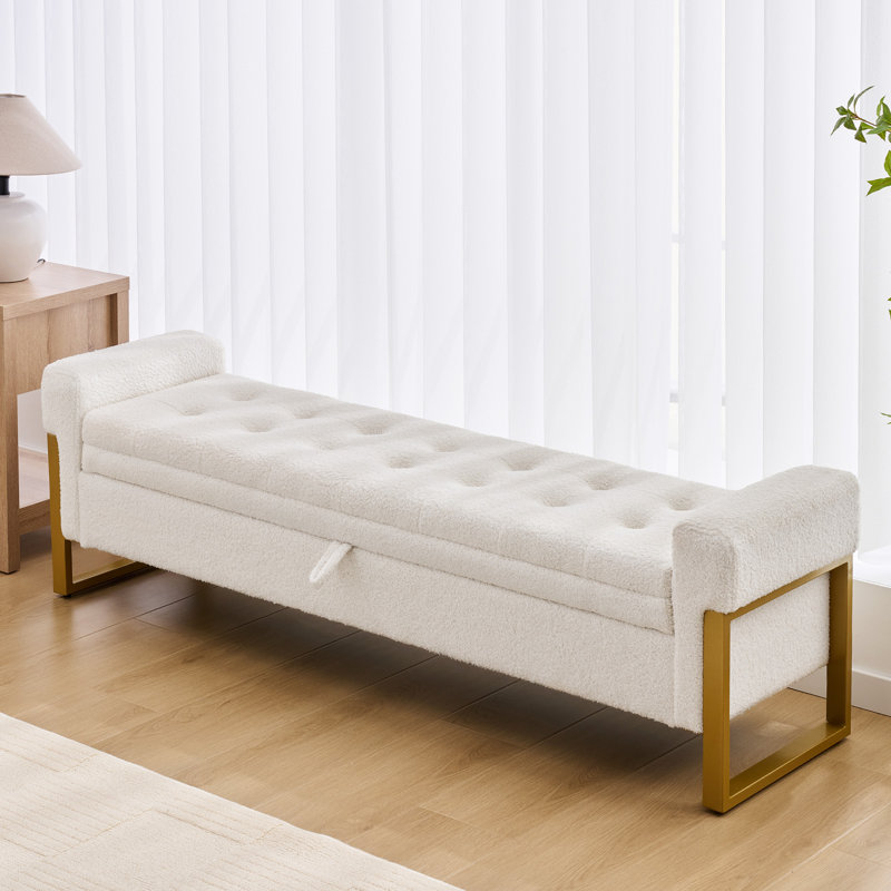 67'' W Modern Upholstered Velvet Storage Bench for Bedroom End of Bed with Gold Leg, White Teddy