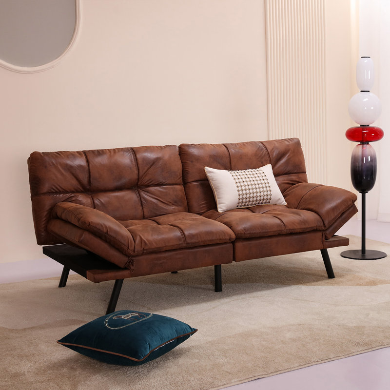 71" Mid Century Modern Leather Convertible Futon Twin Size With Adjustable Arms, Brown 