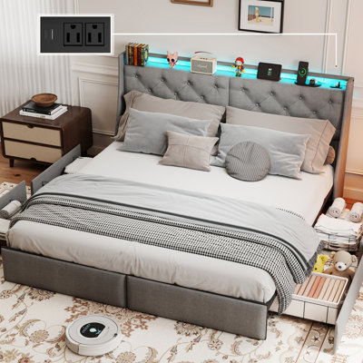 King Upholstered Platform Bed Frame, Bed with 4 Storage Drawers, Charging Station (2 USB), LED Lights and Storage Headboard