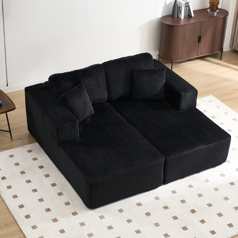 2-Piece Modern Compression Modular Super Soft Corduroy Double-Chaise Sectional Sofa-No Assembly Needed, Black Corduroy