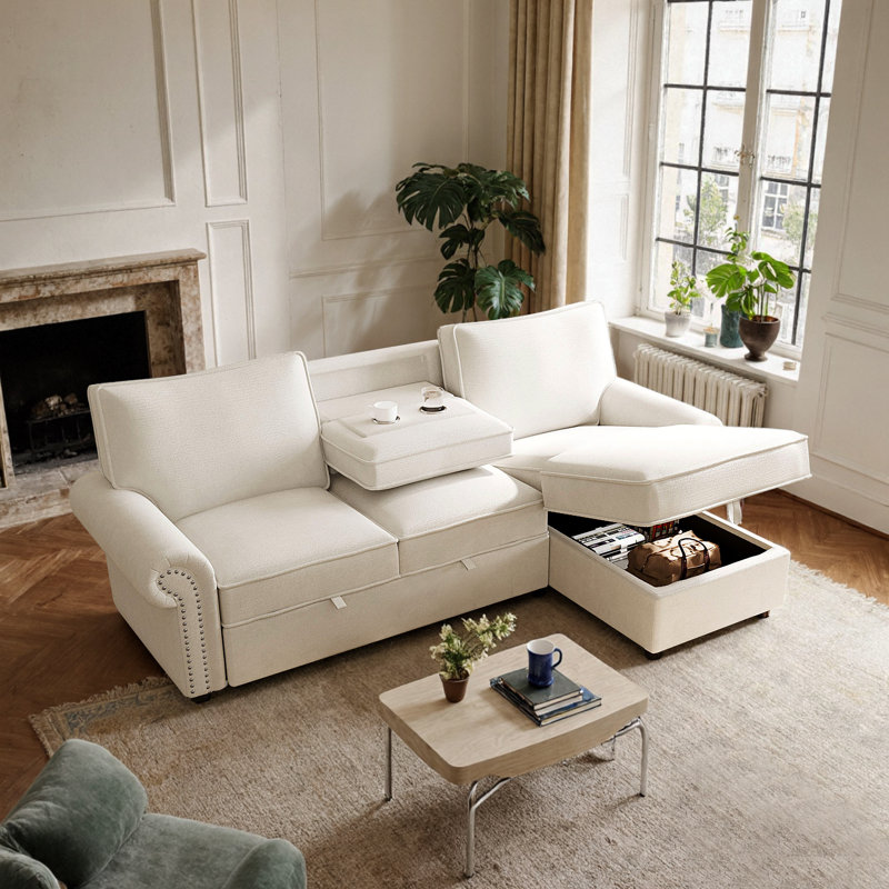 Canapé-lit convertible de 95 po, méridienne de rangement avec accoudoirs et porte-gobelets, tissu facile à nettoyer, garniture cloutée, canapé modulaire beige moderne