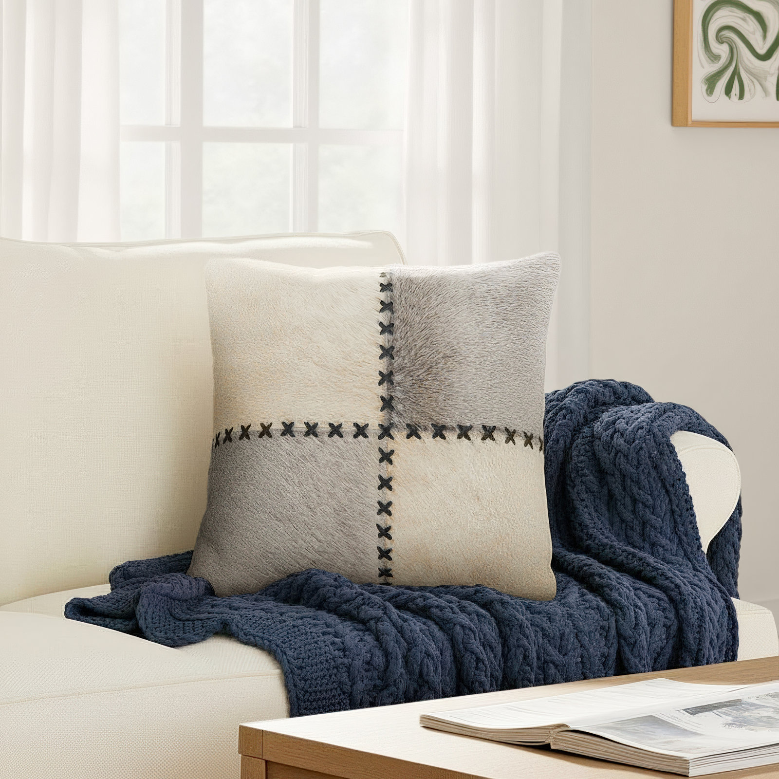 Ilara Patchwork Leather/Suede Throw Pillow, Polyester/Polyfill