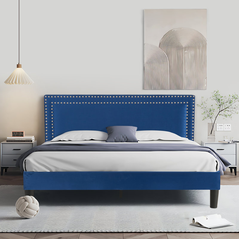 Lit plateforme tapissier pleine grandeur en velours bleu foncé avec tête de lit réglable, cadre de lit moderne avec lattes de bois, aucun sommier requis