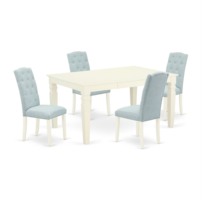 Cet ensemble de salle à manger 5 pièces comprend une table de salle à manger rectangulaire avec feuille papillon et 4 chaises rembourrées en tissu bleu lin, blanc lin