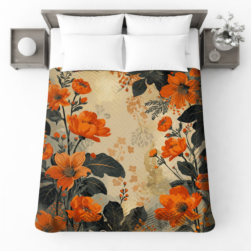 Couvre-lit matelassé à motif floral orange toutes tailles, Double