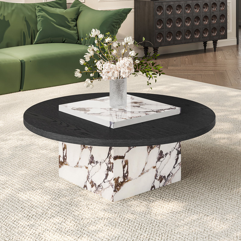 Table basse ronde moderne 35,43 ", bois massif et faux marbre pour le salon