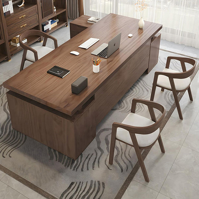 Nut-brown L-Shaped Solid Wood with 7 drawers desk, 29.53" H x 70.71" W x 31.5" D, Left Hand Return