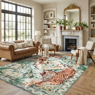 Oriental Tiger Print with Floral Machine Washable Area Rug
