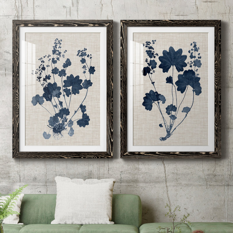 Bleu marine et feuilles de lin II - ensemble de 2 reproductions d'art sur papier encadré, H 43,5 po x l 31,5 po, Noir