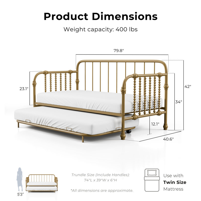 Twin Metal Daybed with Trundle, Gold