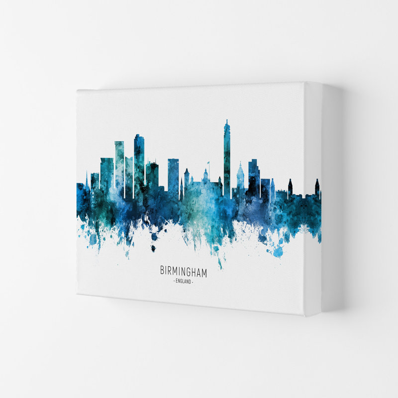 Birmingham England Skyline Blue City Name by Michael Tompsett - Print, Wrapped Canvas, 59.4cm H x 84cm W x 4cm D