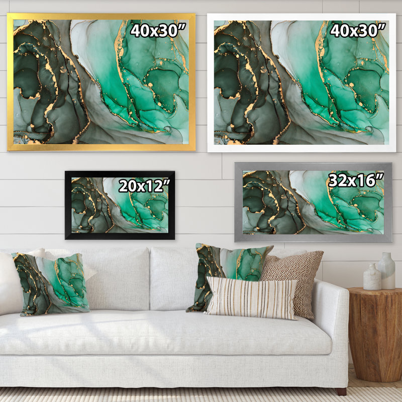 «Turquoise and Grey Luxury Abstract Fluid Art I», reproduction sur toile, H 12 po x l 20 po, Cadre photo noir
