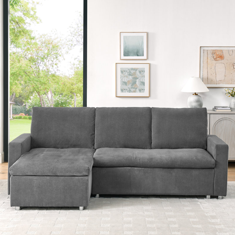 Canapé convertible gris en velours côtelé avec lit escamotable et housses lavables, Gris