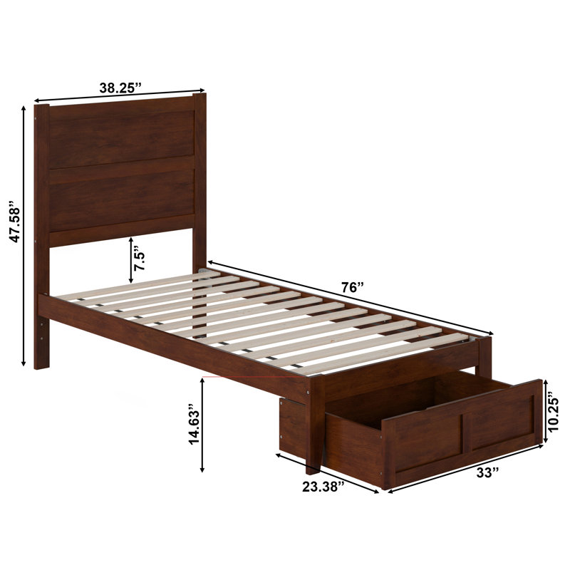 Lit plateforme en bois massif avec tiroir pour pieds Gatsby, Noyer, Lit simple