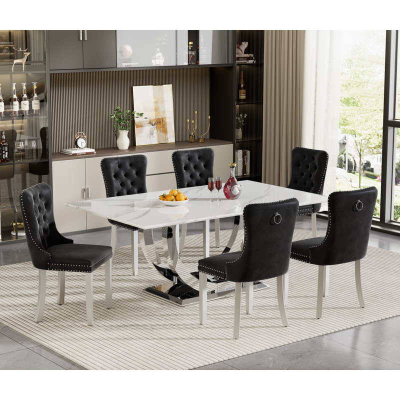 Faux Marble Dining Table Set, 69.3" Rectangular Dining Table & Tufted Velvet Chairs, Modern Kitchen Dining Room Table with Dual U-Shape Stainless Steel Base and Chairs Set
