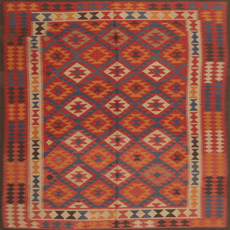 Tapis de zone rouge/brun contemporain, Carré 7 pi x 7 pi