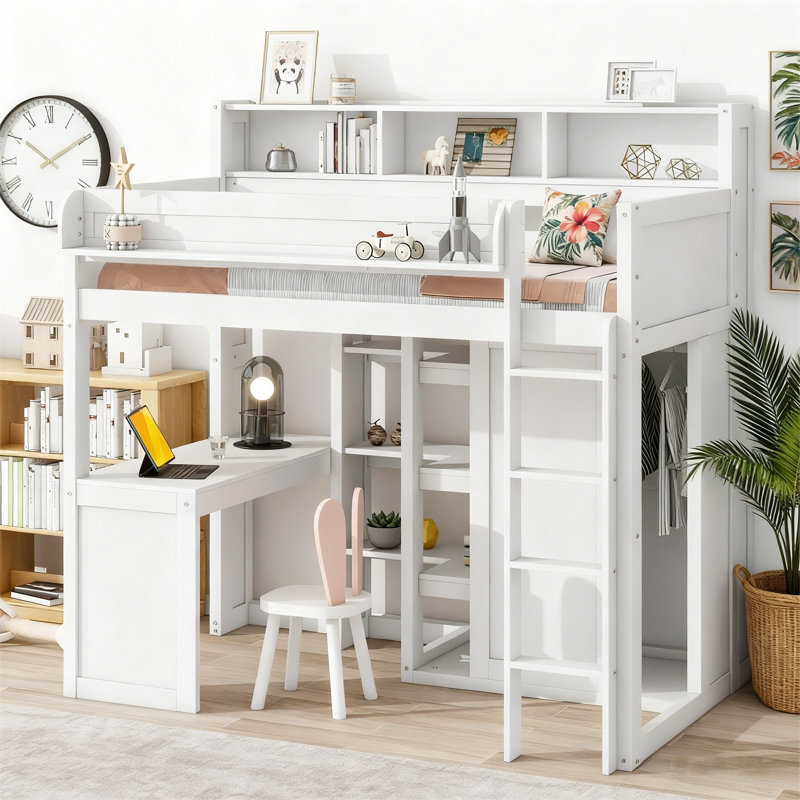 Lit mezzanine simple en bois avec bureau intégré, tablettes de rangement multiples, garde-robe et garde-corps complets, Blanc