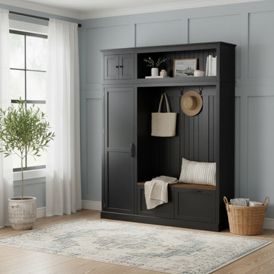 Arbre d'entrée avec banc de rangement, organisation de vestibule, armoire latérale et tiroirs, maison de campagne moderne, vestibule