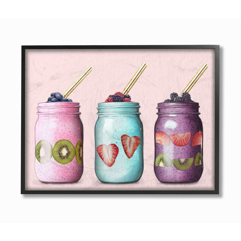 «Fruit Smoothie Jars Food Pink», impression, Giclée encadrée noir minuit, H 11 po x l 14 po