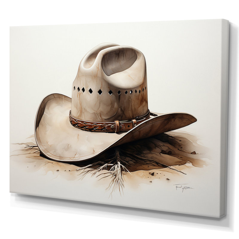 Chapeau de cowboy style minimaliste V - Cowboys, art mural de salon, H 34 po x l 44 po x P 1,5 po, Toile tendue