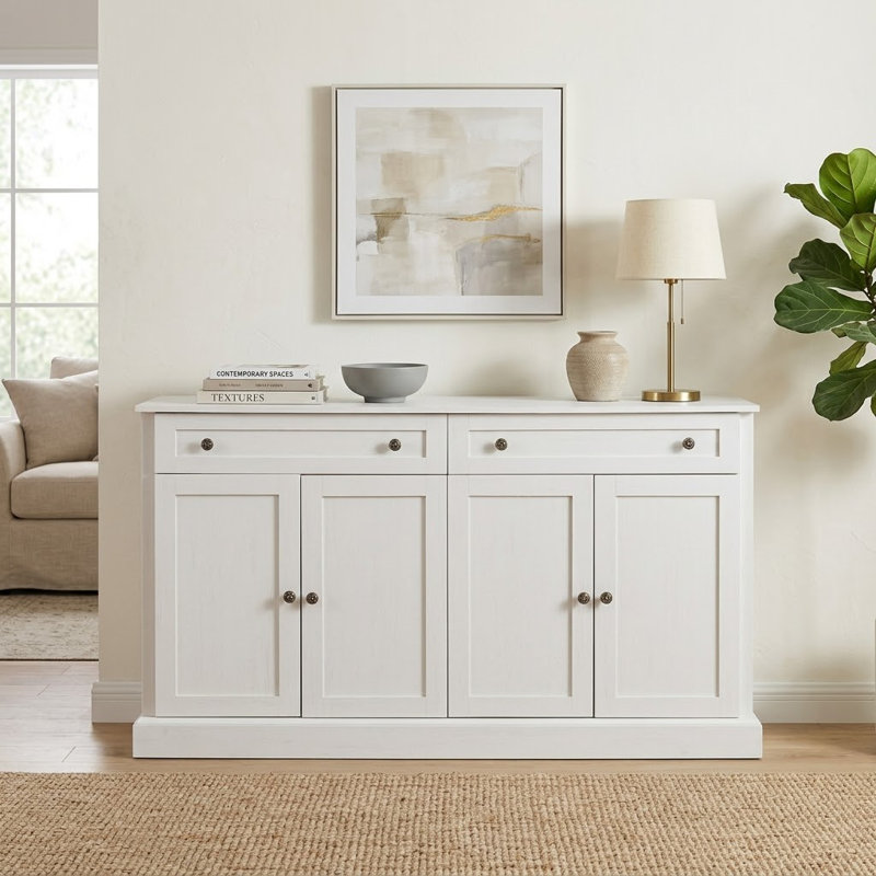 Buffet en bois de 60,01 po de largeur avec 2 tiroirs et 2 armoires, Blanc antique