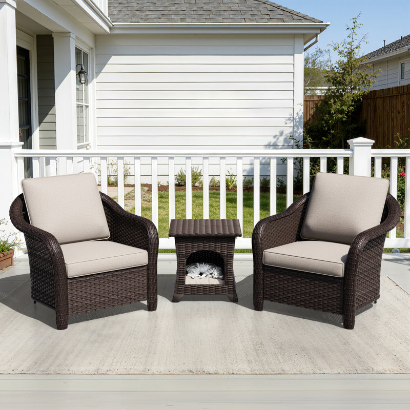 Ensemble de patio 3 pièces en osier avec table pour animal de compagnie intégrée, Beige