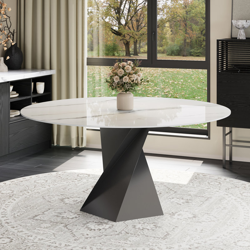 59'' Round Dining Table for 8, White Sintered Stone Modern Dining Table with Stainless Steel Twisted Base