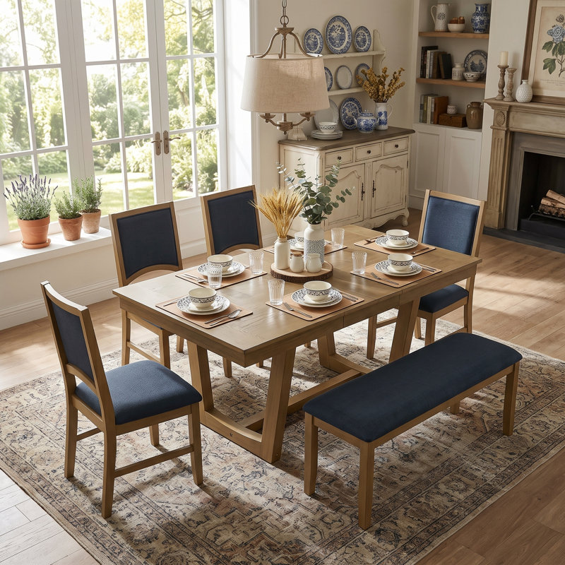 Ensemble de table de salle à manger extensible en bois massif avec base à tréteaux, chaises rembourrées et banc rembourré pour la cuisine et la salle à manger