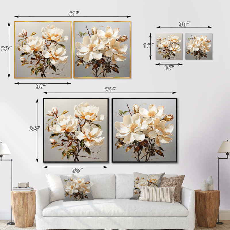 Magnolia beige et vert Blooms - Magnolias carré ensemble de 2 collages, Cadre flottant doré, H 36 po x l 73 po