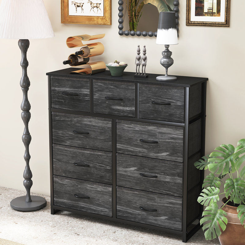 39.37'' W 9-Drawer Fabric Dresser with Wood Top, Storage Chest, Black Wood/Black