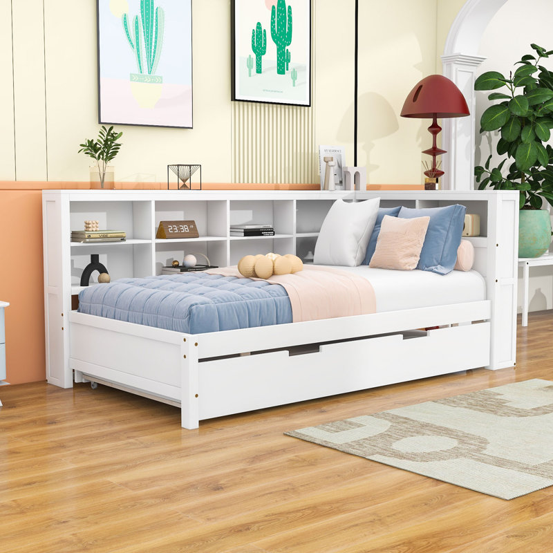 Wood Daybed with Twin Trundle, Storage Shelf, and USB Charging Ports, Twin, White