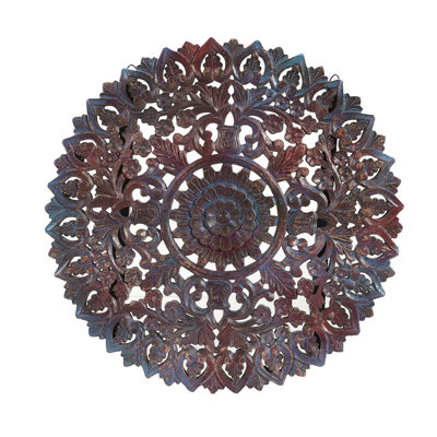 30" Rustic Distressed Wood Round Lattice Mandala Wall Art Hand Carved Floral Panel