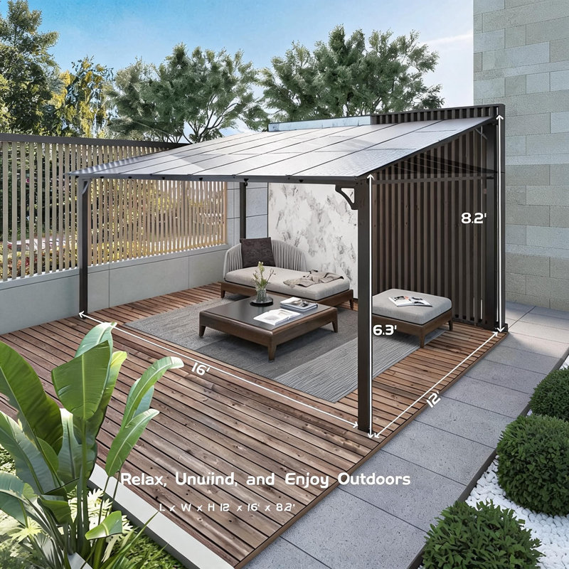 Pergola adossée de 3,65 m x 4,88 m avec toit en polycarbonate