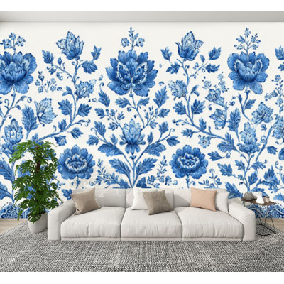 Peel and Stick Wallpaper Grandmillennial Delft Style Vines Vintage Blue Wall Murals 100"H x 144"W Removable PVC Wall Paper Self-Adhesive Wall Decor for Bedroom Living Room Home Office