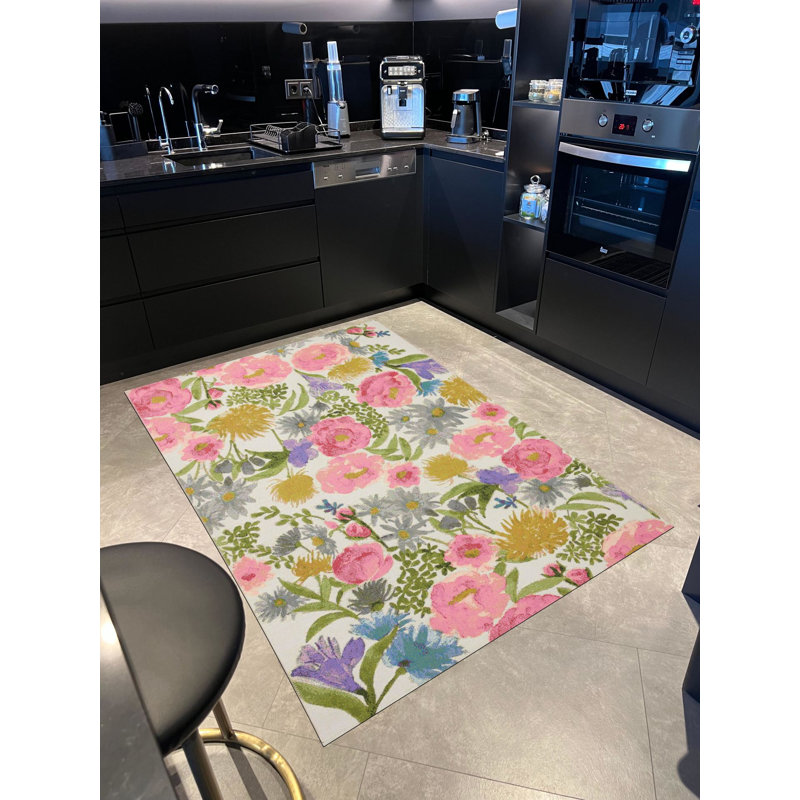 Tapis blanc tissé à motif floral pastel, Rectangle 3 pi 11,24 po x 5 pi 10,87 po