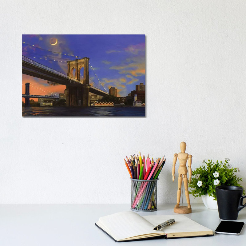 Moonrise Over The Brooklyn Bridge 1 Piece Wall Art on Canvas, 20.32 cm H x 30.48 cm W, Canvas