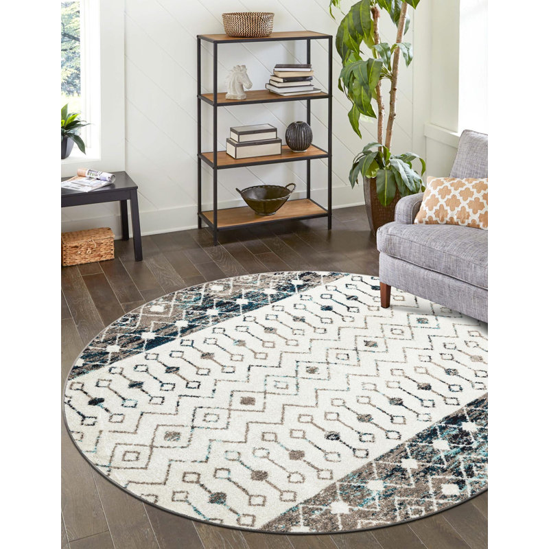 Somerville Geometric Indoor Rug, Round 10', Ivory/Gray/Blue